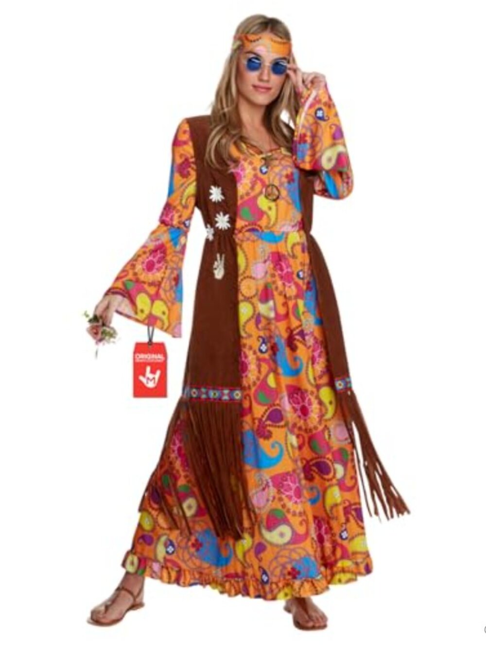 Hippie Costume Women Paisley Maxi Dress Vest Headband 70s